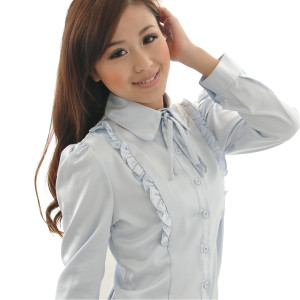HY-125-4AE-3 藍色長袖女襯衫（綁帶）