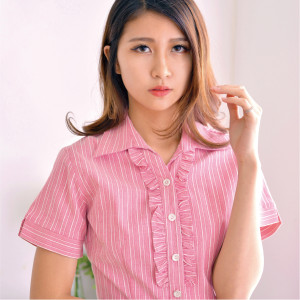 HY-472E-1 粉桃紅條紋短袖女襯衫（花邊）