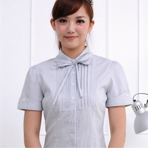 HY-711AB-1 淺灰綠條紋短袖女襯衫（綁帶）