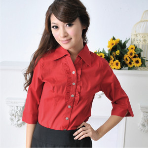 HY-897-2E-2 鮮紅色七分袖女襯衫（花邊）