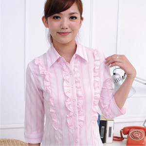 HY-991AE-2 粉紅色條紋七分袖女襯衫（花邊）