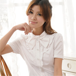 HY-993AG-1 白色亮光紗短袖女襯衫（花邊）