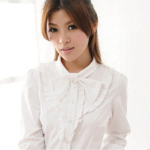 HY-993AG-2 白色亮光紗七分袖女襯衫（花邊）