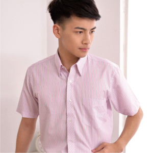S-60-1 粉紅色條紋短袖男襯衫（配色領）