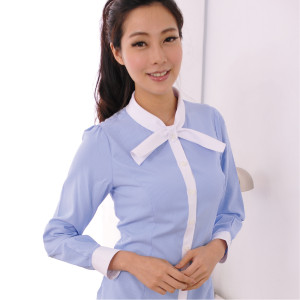 S-44ED-3 藍色條紋長袖女襯衫（短領巾）