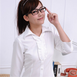 S-R1801E-2 白色十字紋七分袖女襯衫（花邊）