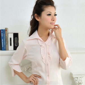 S-R1802E-2 淺粉紅十字紋七分袖女襯衫（花邊）