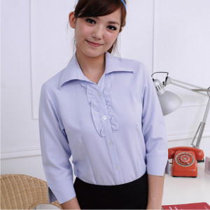 S-R1806E-2 淺藍紫十字紋七分袖女襯衫（花邊）