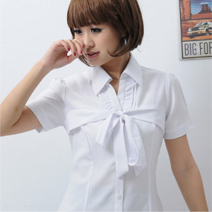 SN-41EB-1 白色條紋短袖女襯衫（綁帶）